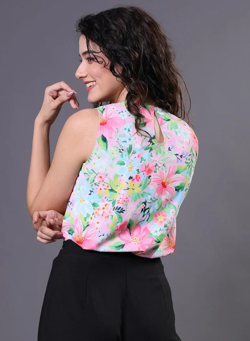 زجزاج Sleeveless Pink Floral Printed Top